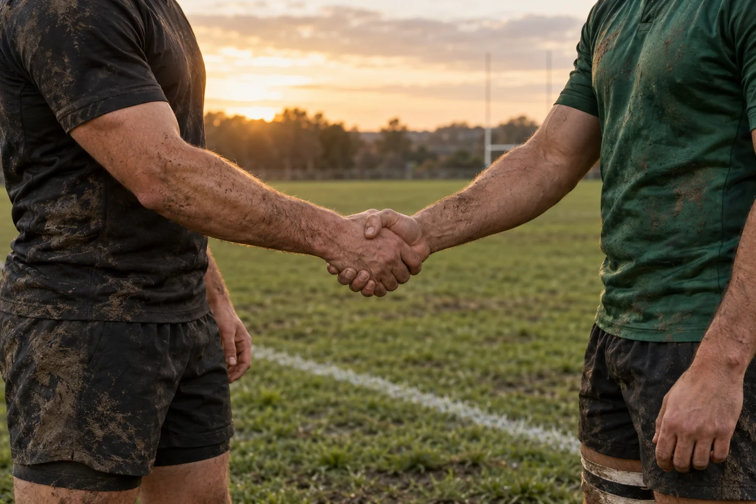 Dois atletas com camisas lisas preta e verde-escura apertando as mãos em um campo de rugby ao pôr do sol.