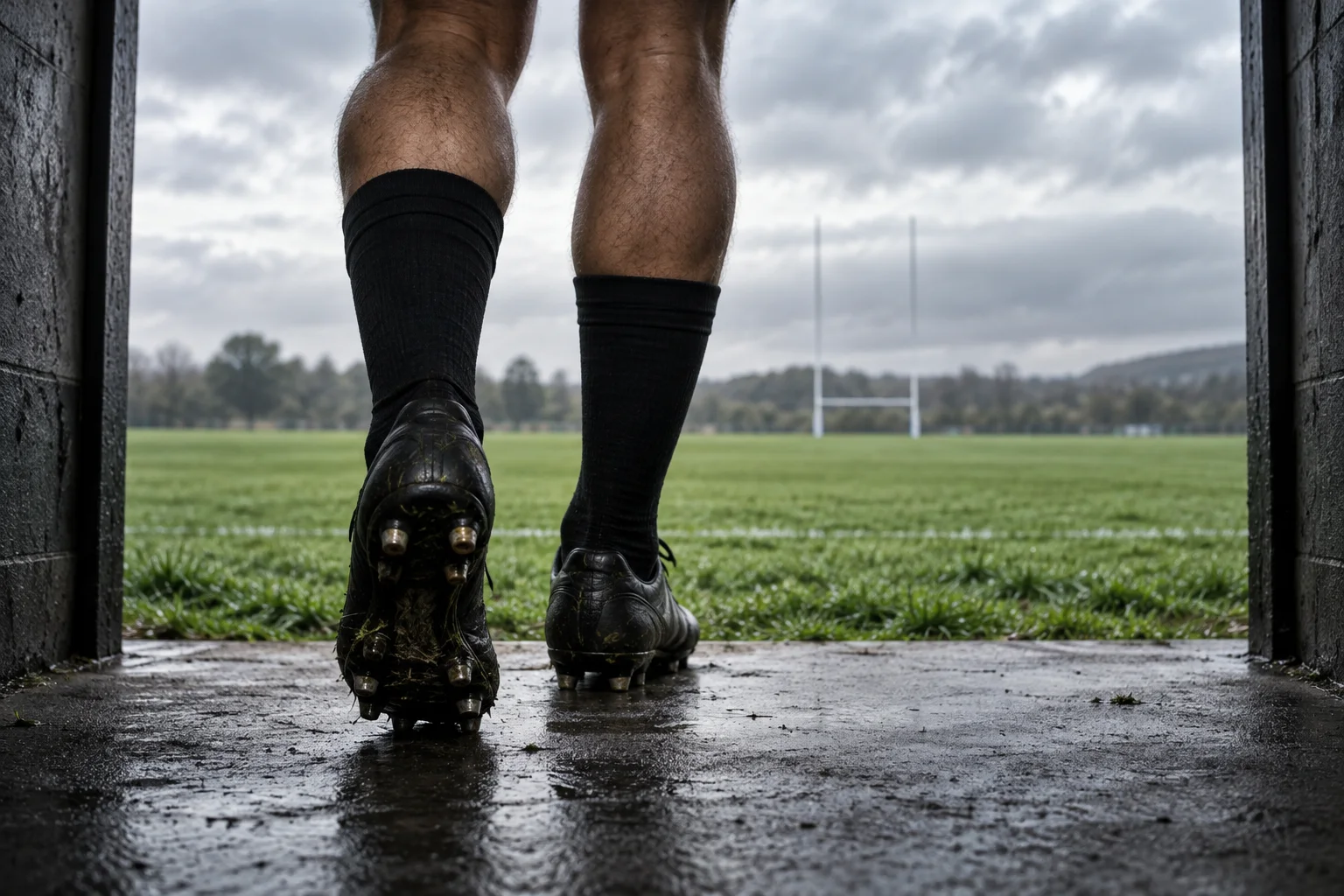 Pernas de atleta com meias e chuteiras pretas saindo de um túnel para um campo verde de rugby.