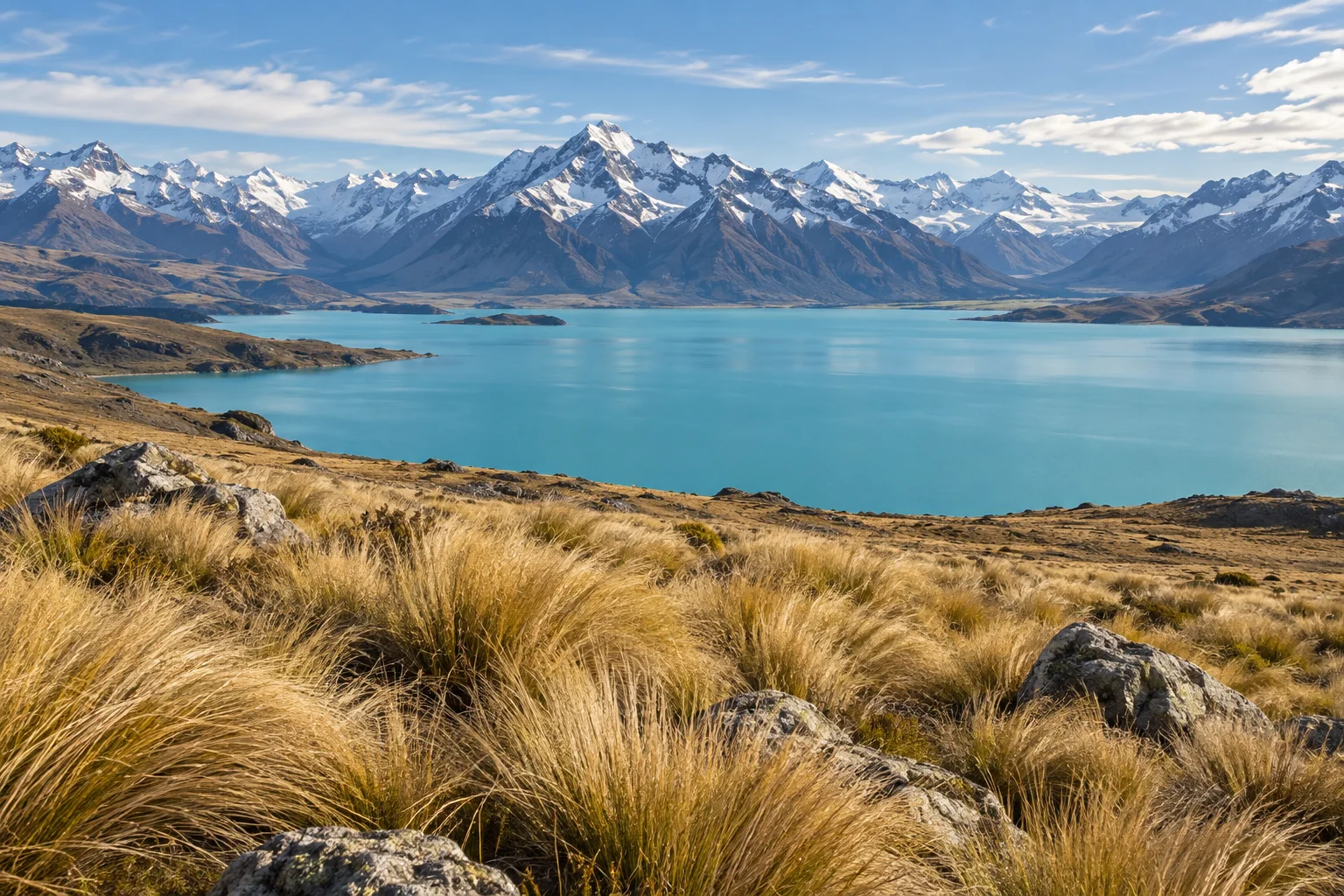 Capins dourados e pedras em primeiro plano diante de um lago turquesa e uma cadeia de montanhas nevadas.