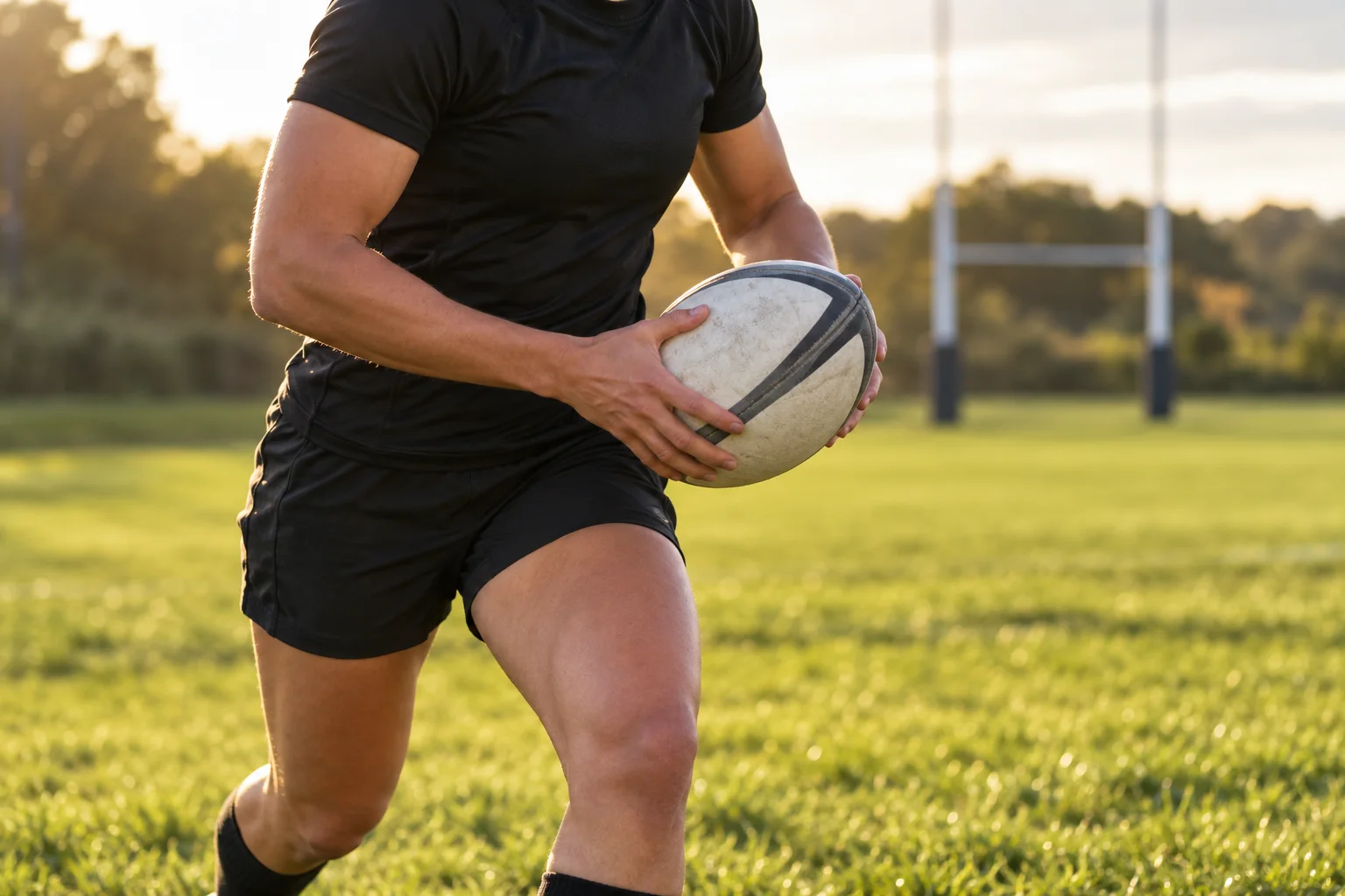 Atleta de rugby com uniforme preto correndo sobre a grama e segurando a bola com as duas mãos.